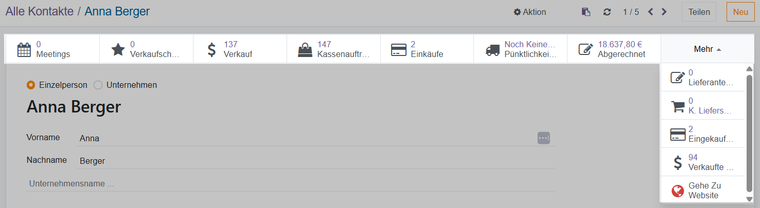 Kontakte: Schaltflächen der Aktionsleiste im geöffneten Kontakt