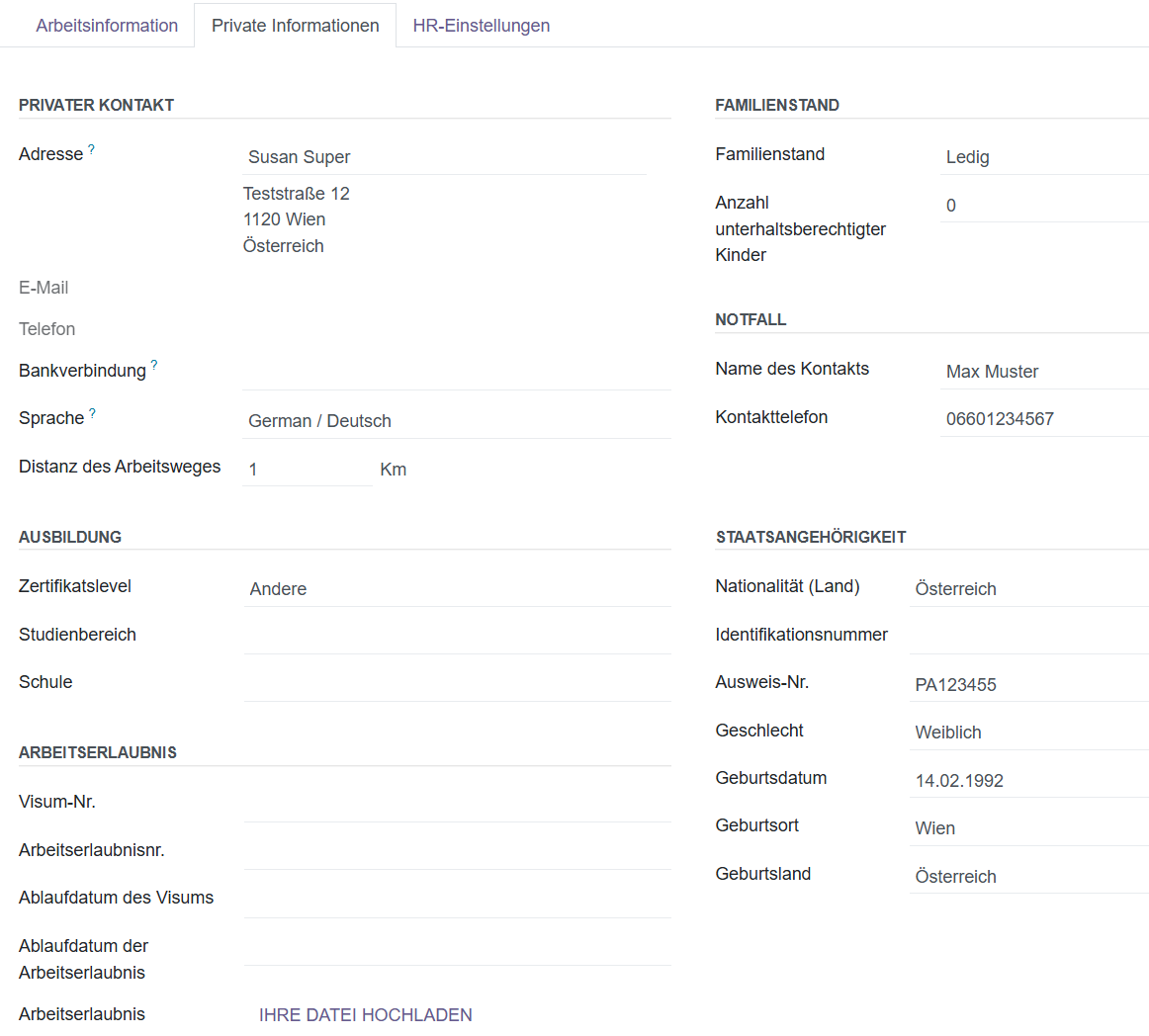 Stammdaten ➜ Mitarbeiter ➜ Mitarbeiter ➜ Reiter: Private Informationen