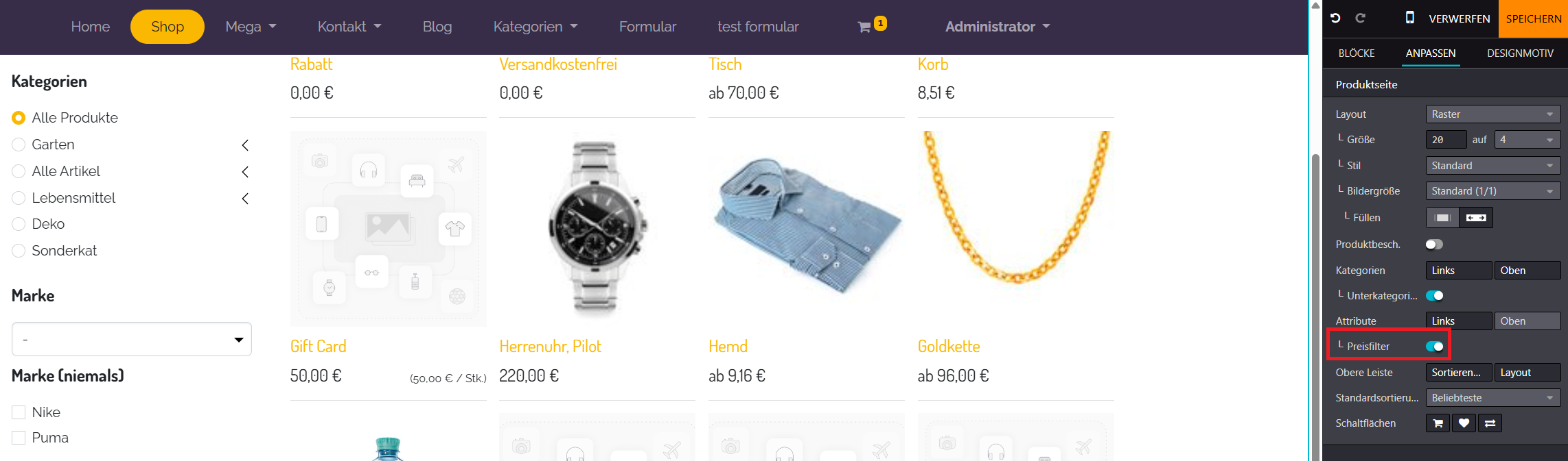 Preisfilter im Website-Editor deaktiveren