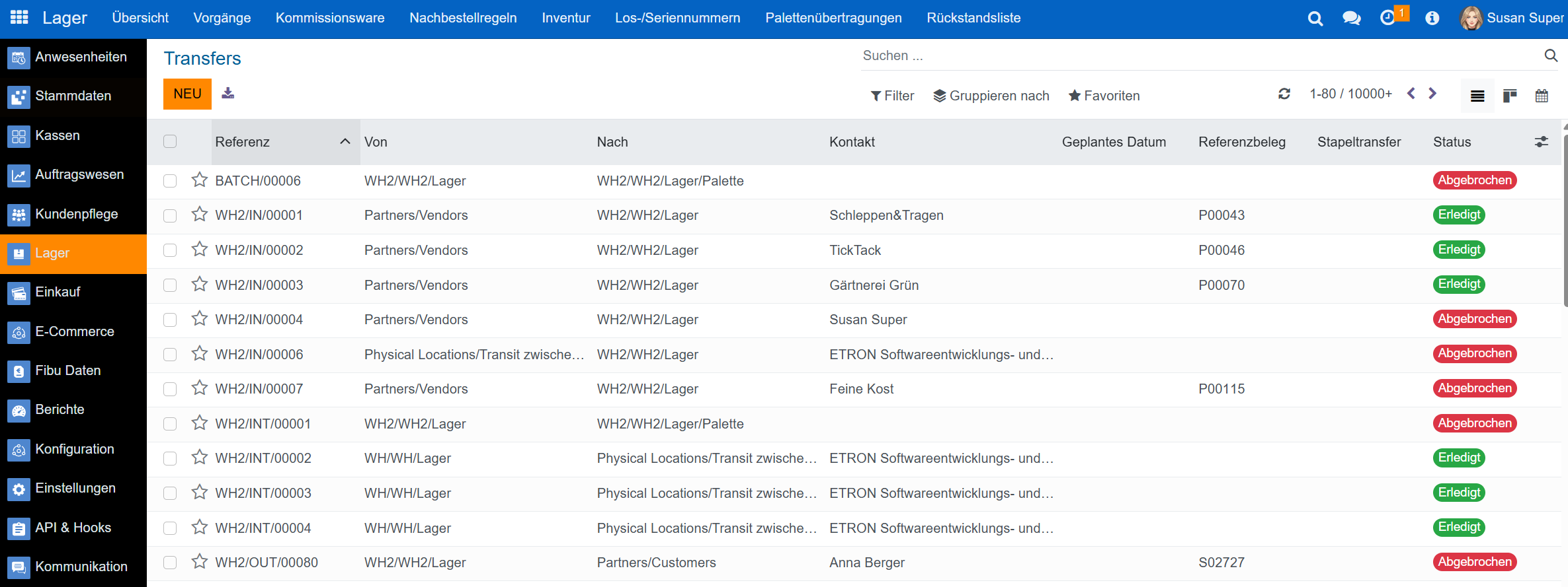 Lager ➜ Vorgänge ➜ Transfers