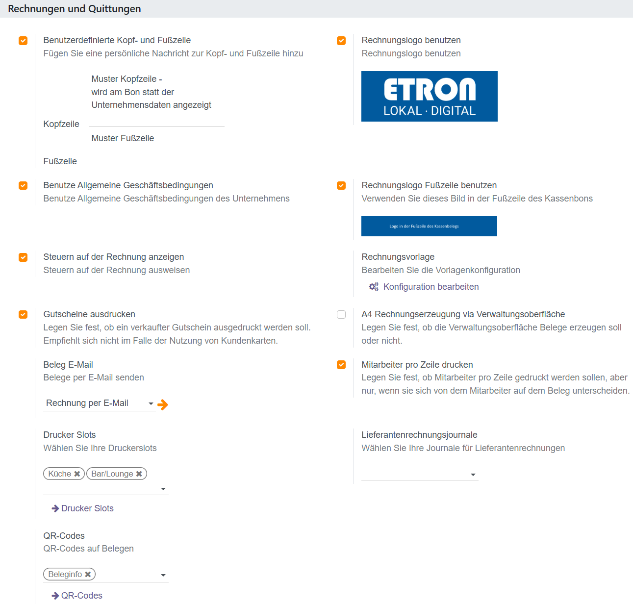 Einstellungen unter Einstellungen -> Kasse -> Rechnungen und Quittungen