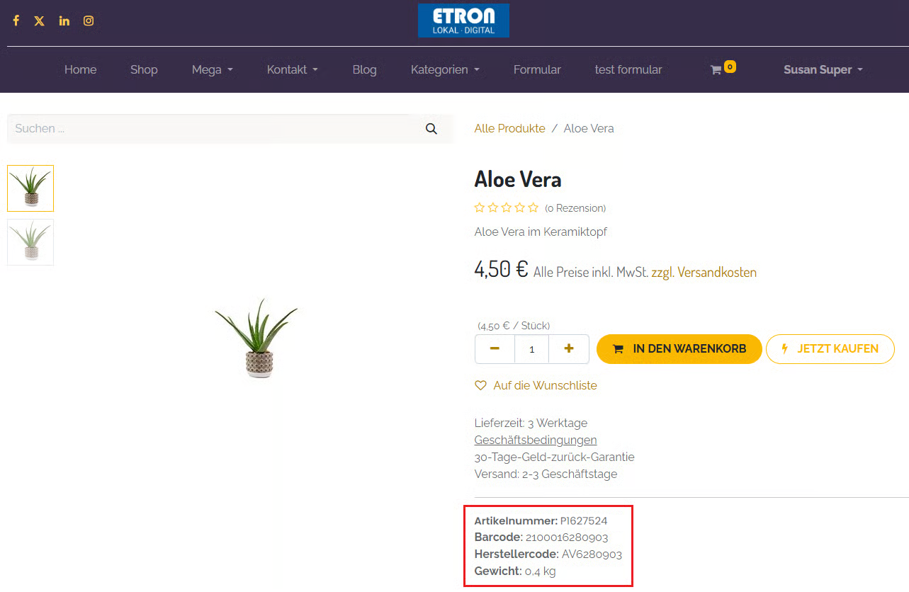 Anzeige von zusätzlichen Produktfeldern im Onlineshop