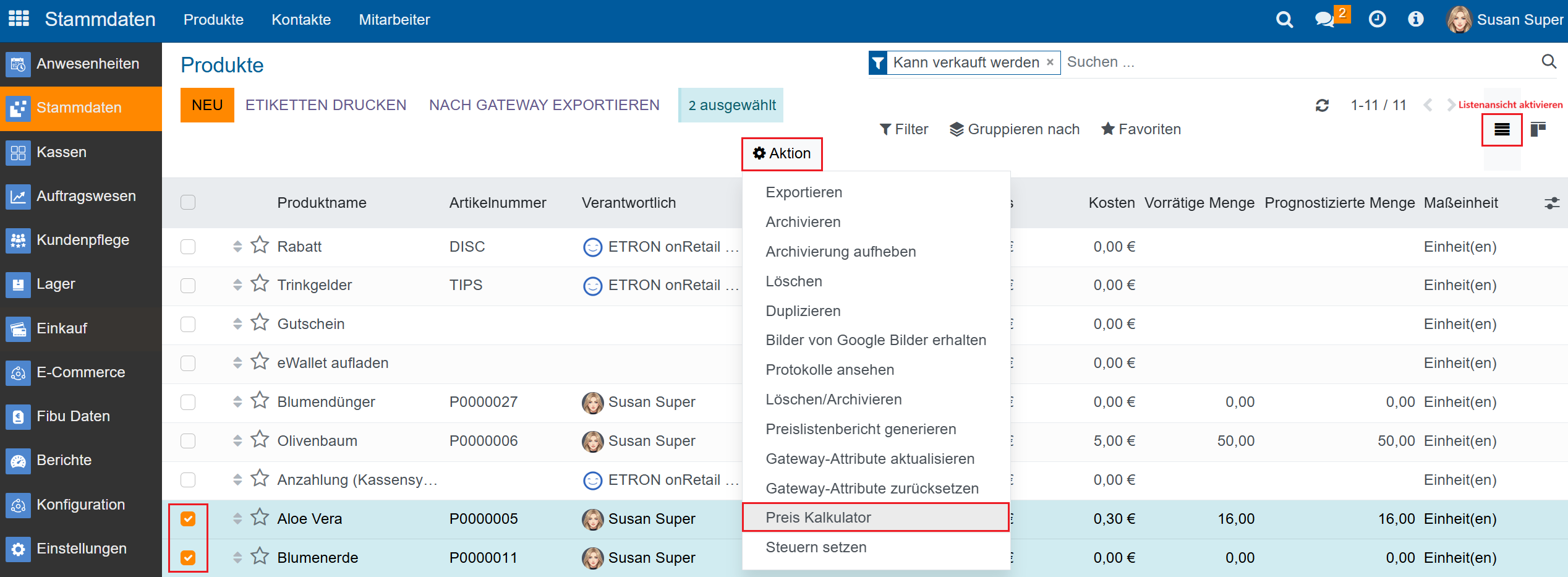 Produkt-Stammdaten in der Listenansicht: Preis Kalkulator für markierte Produkte über Aktion -> Preis Kalkulator aufrufen