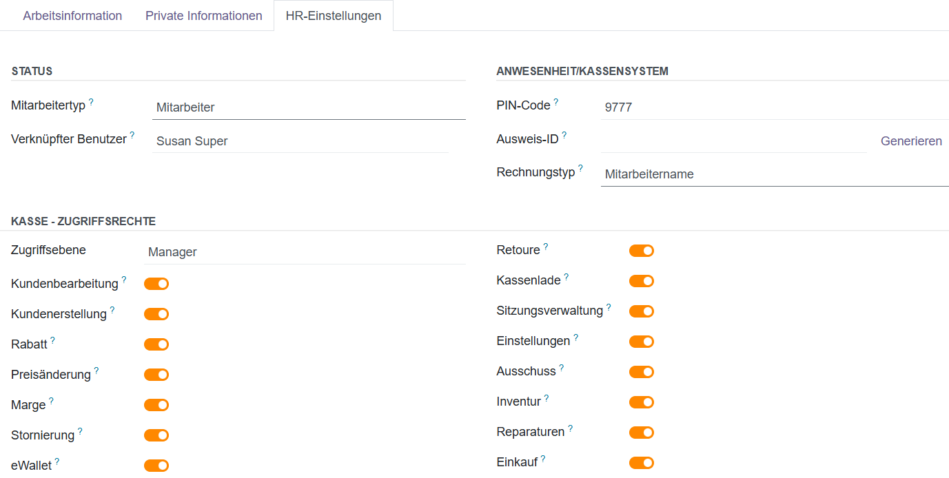 Stammdaten ➜ Mitarbeiter -➜ Mitarbeiter ➜ Reiter: HR-Einstellungen